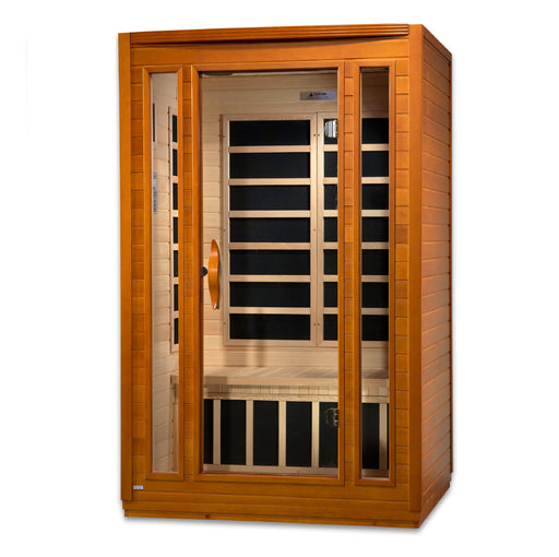 Wooden infrared sauna with glass doors on a white background