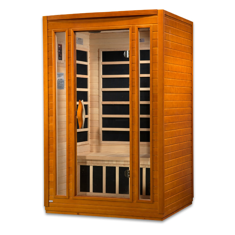 Wooden sauna with glass door on a white background