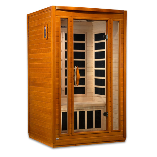 Wooden infrared sauna with glass door on a white background