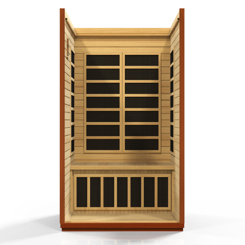 Wooden sauna with glass panels on a white background