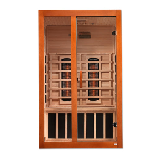 Infrared sauna with wooden interior and glass doors on a white background