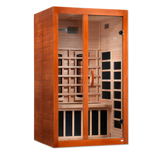 Wooden infrared sauna with glass doors on a white background