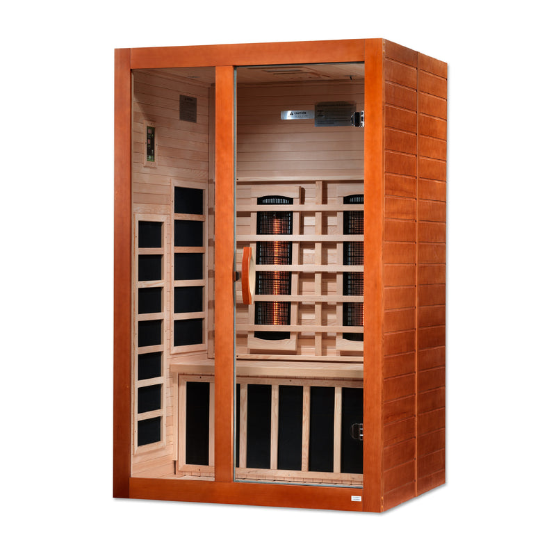 Wooden sauna with glass door on a white background