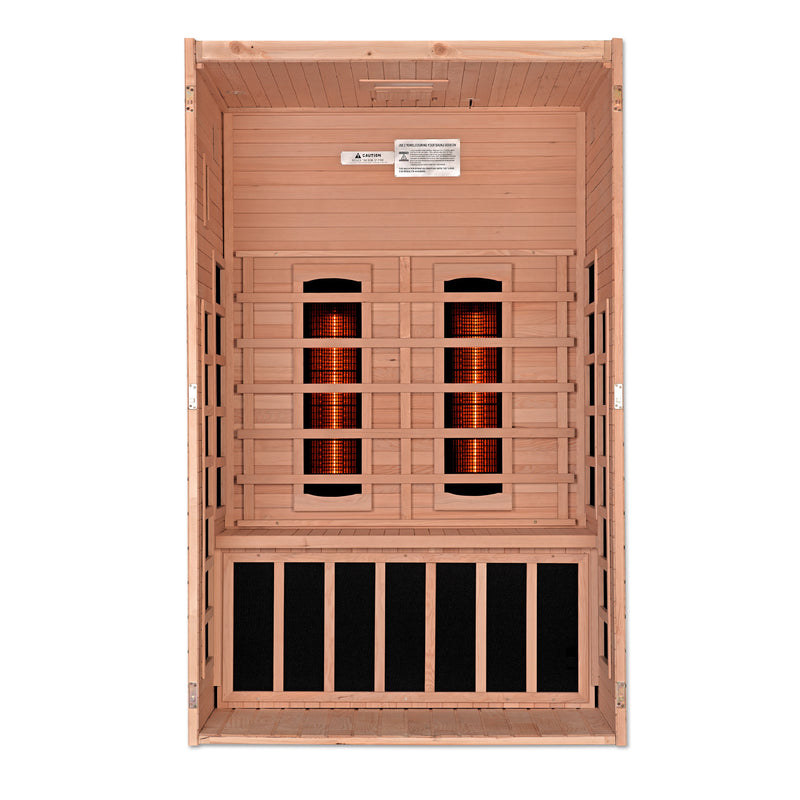 Wooden sauna with copper coils on a white background