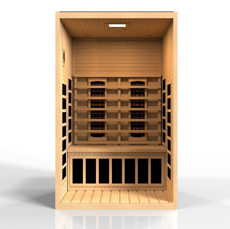 Wooden sauna with black interior panels on a white background