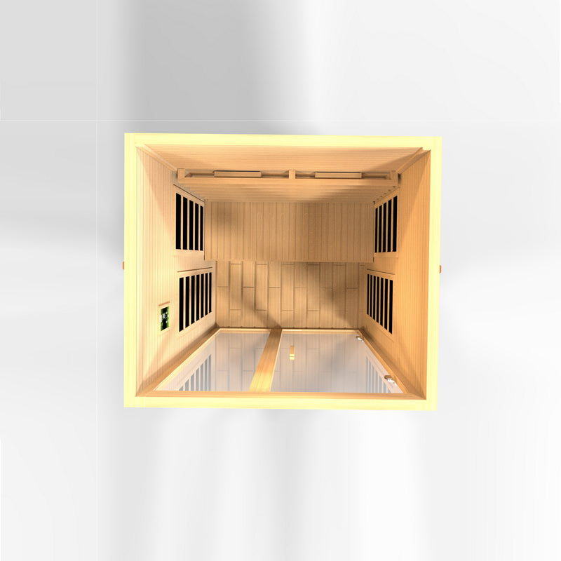 Wooden sauna with glass door on a white background