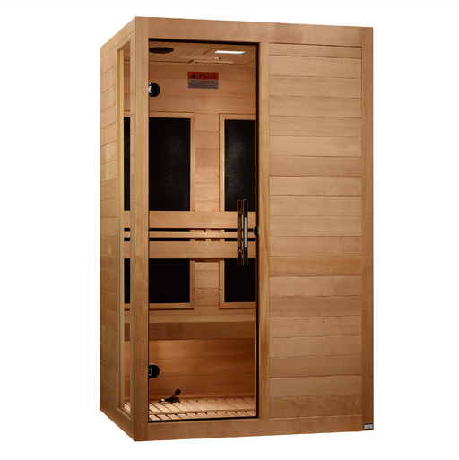 Wooden sauna with open door on a white background