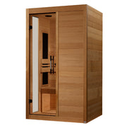 Wooden sauna with glass door on a white background