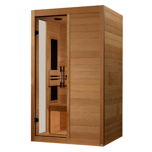 Wooden sauna with glass door on a white background
