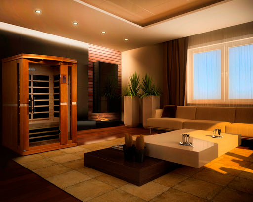 Modern living room with a wine cooler, sofa, and coffee table.