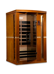Wooden sauna with glass door on a white background