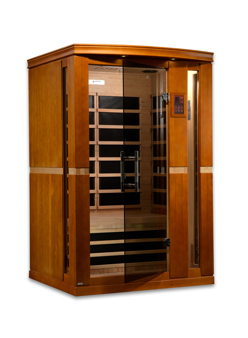 Wooden sauna with glass door on a white background