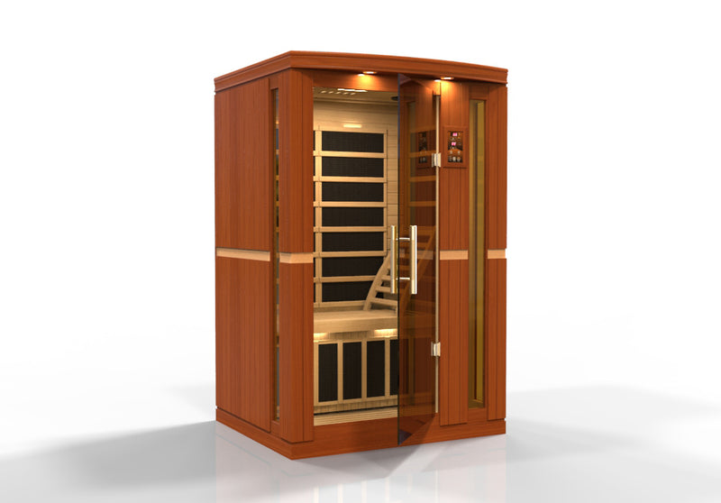 Wooden infrared sauna with open door on a white background