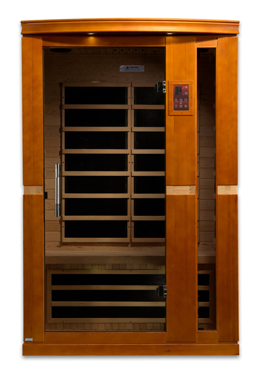 Wooden sauna with glass door on a white background