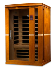 Wooden infrared sauna with glass door on a white background