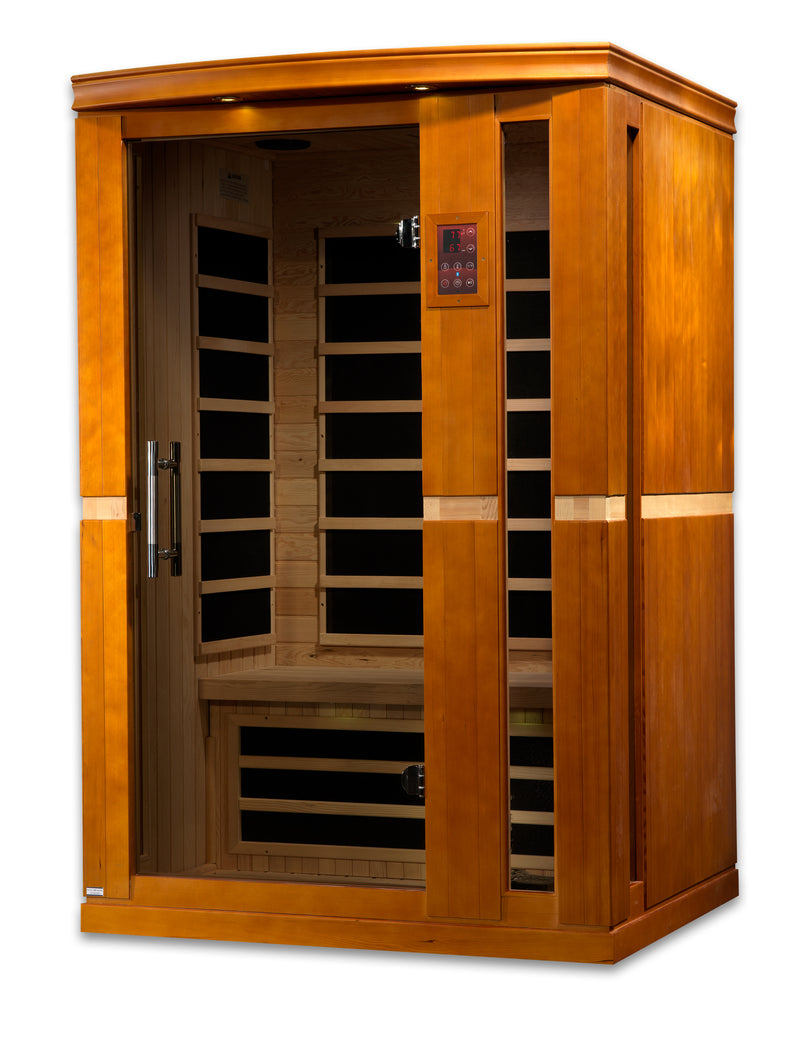 Wooden infrared sauna with glass door on a white background