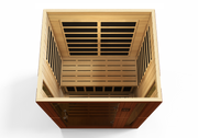 Wooden sauna with slatted design on a white background