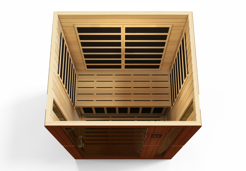 Wooden sauna with slatted design on a white background