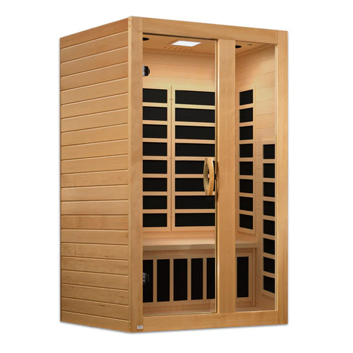 Wooden sauna with glass door on a white background