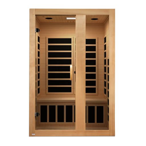 Wooden sauna with glass doors on a white background