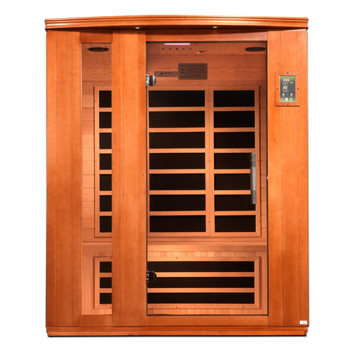 Wooden infrared sauna with glass door on a white background