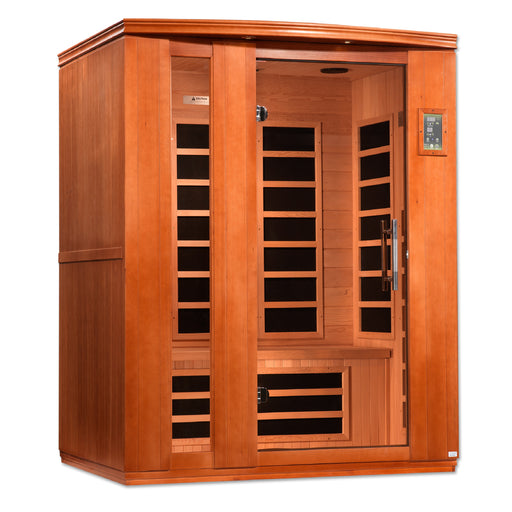 Wooden infrared sauna with glass panels on a white background