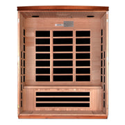 Wooden sauna with black interior on a white background
