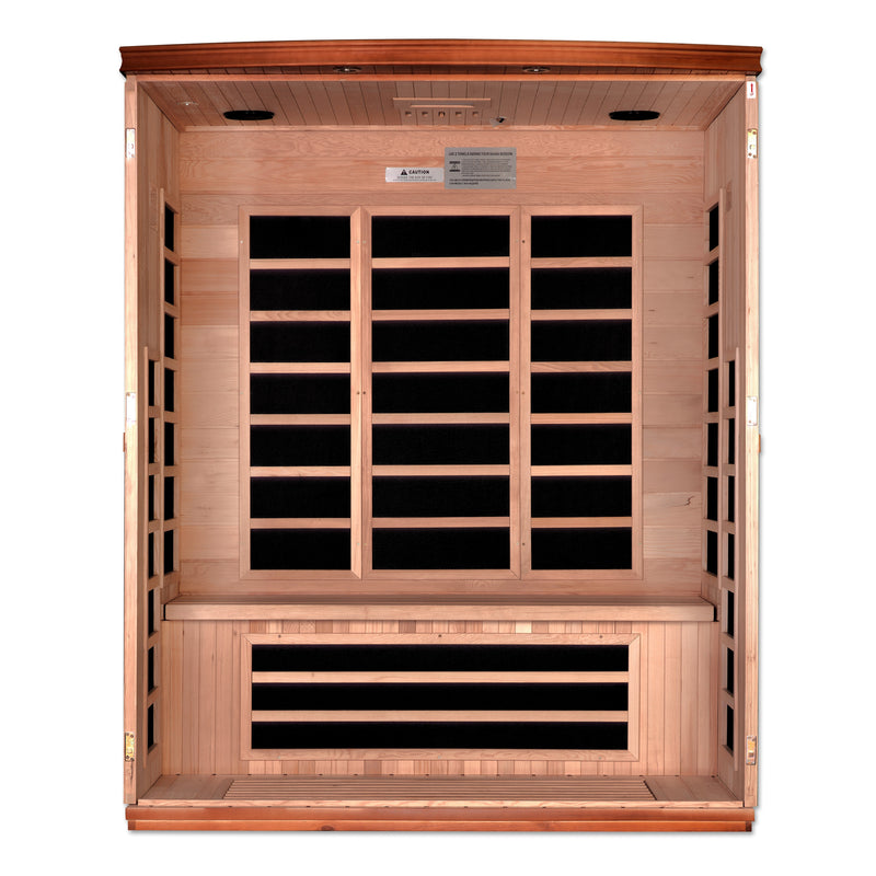 Wooden sauna with black interior on a white background
