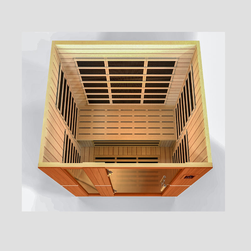 Wooden sauna with lattice design on a white background