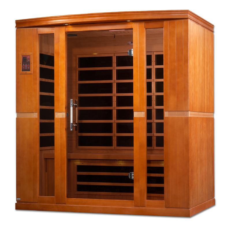 Wooden infrared sauna with glass doors on a white background