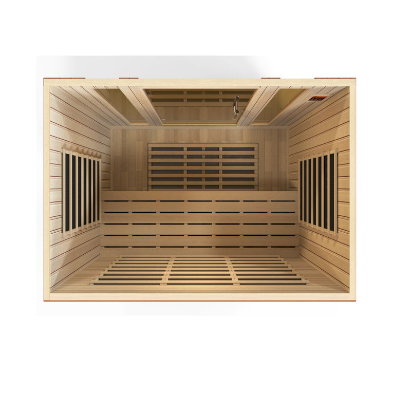 Wooden sauna interior with benches and windows on a white background