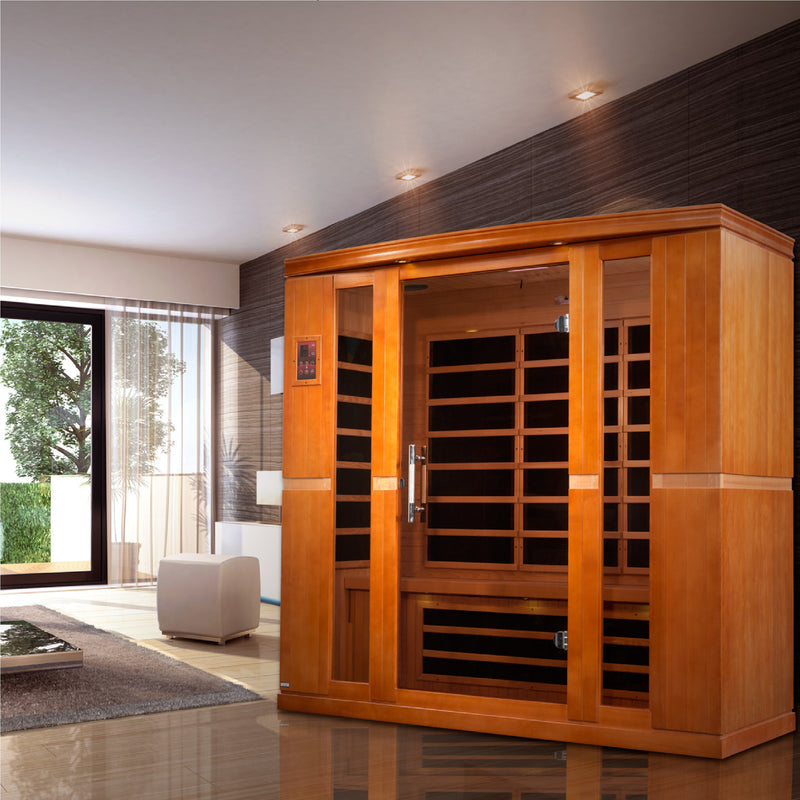 Wooden sauna cabinet in a modern room with large windows