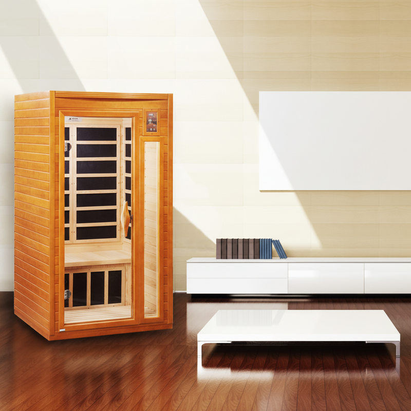 Dynamic Barcelona 1-person infrared sauna, side view lifestyle