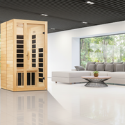 Dynamic Gracia 2-person infrared sauna, side view, lifestyle