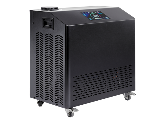 Black industrial air purifier with digital display on a white background