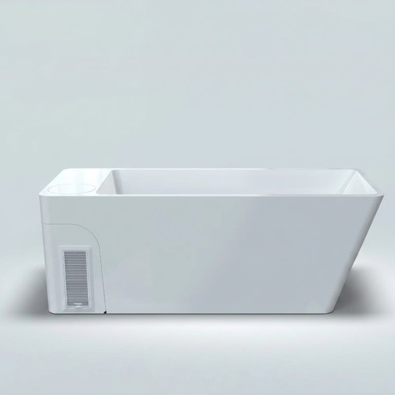 White rectangular cold plunge with a drain on a white background
