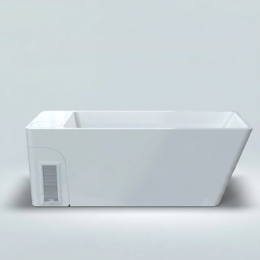 White rectangular cold plunge with a drain on a white background