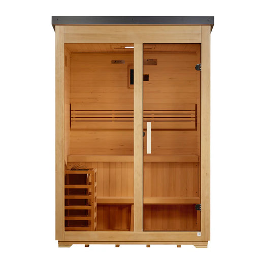 Wooden sauna with glass door on a white background