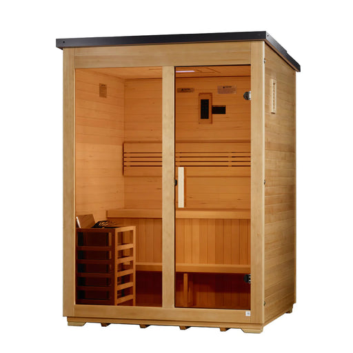 Wooden sauna with interior benches and a glass door on a white background