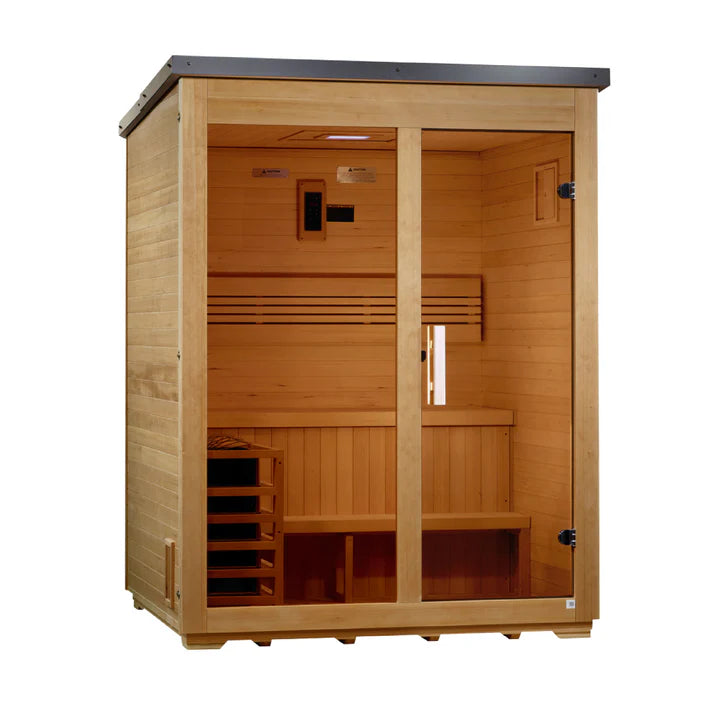 Wooden sauna with interior benches and shelves on a white background