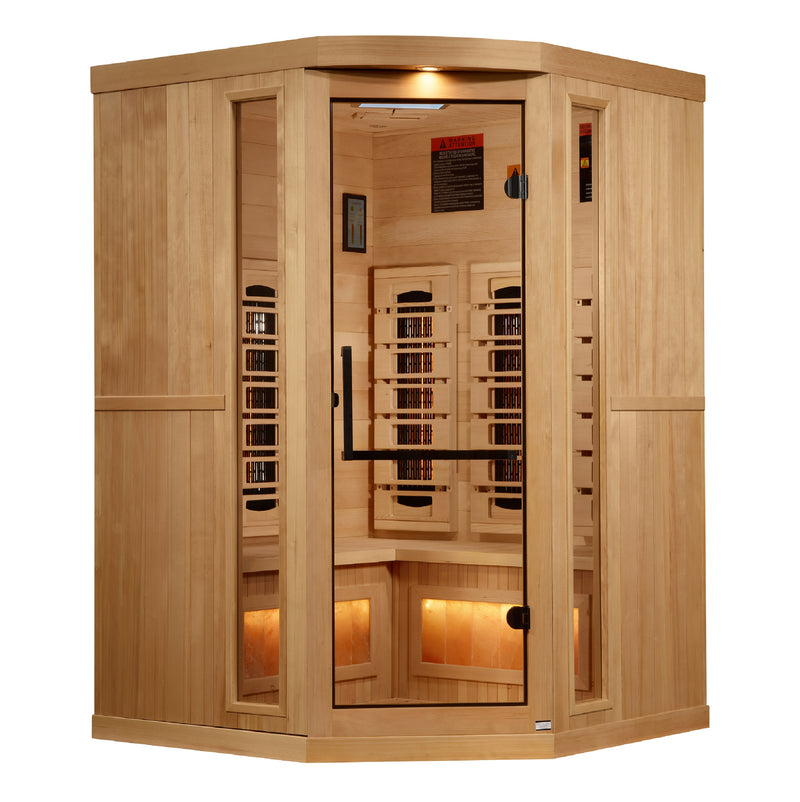 Golden Designs Reserve Edition | 3-Person Corner Full Spectrum Infrared Sauna | Canadian Hemlock | Himalayan Salt Bar | GDI-8035-03