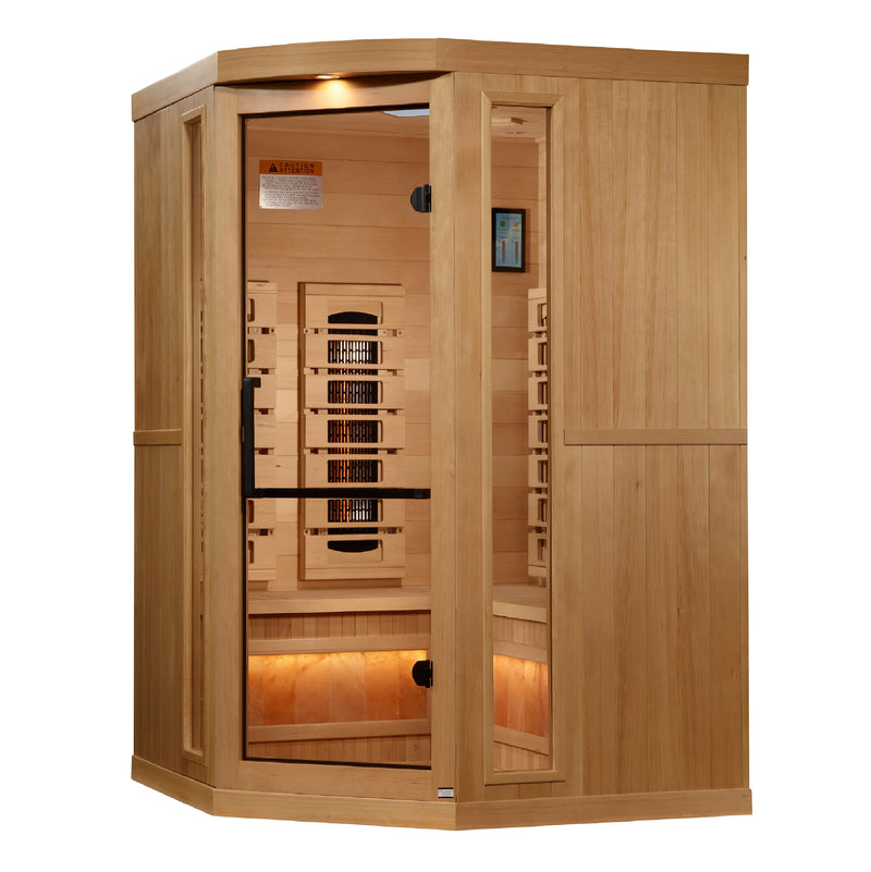 Golden Designs Reserve Edition | 3-Person Corner Full Spectrum Infrared Sauna | Canadian Hemlock | Himalayan Salt Bar | GDI-8035-03