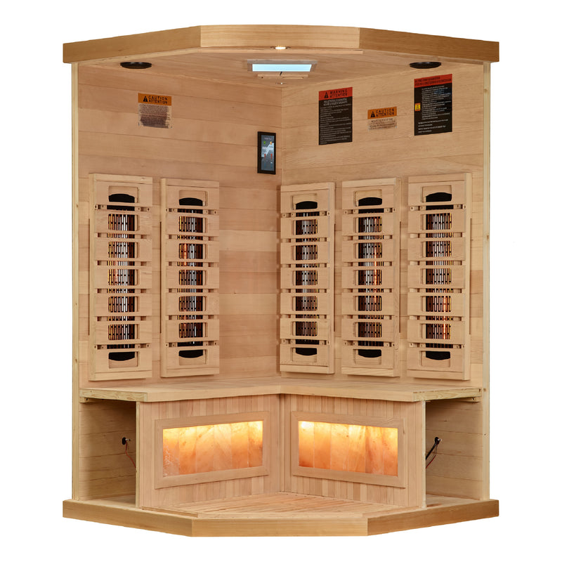 Golden Designs Reserve Edition | 3-Person Corner Full Spectrum Infrared Sauna | Canadian Hemlock | Himalayan Salt Bar | GDI-8035-03