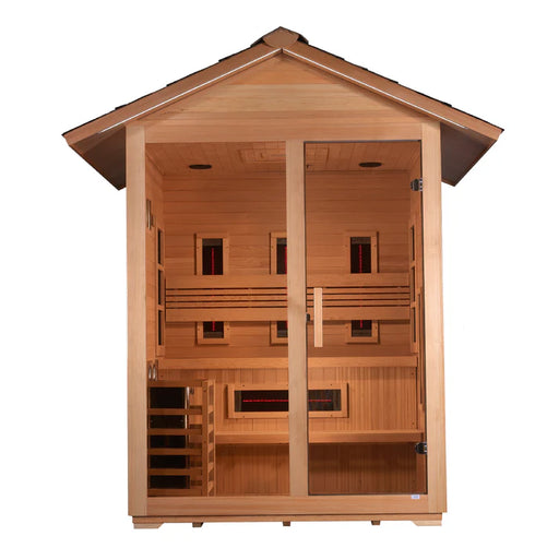 Wooden sauna with glass door on a white background