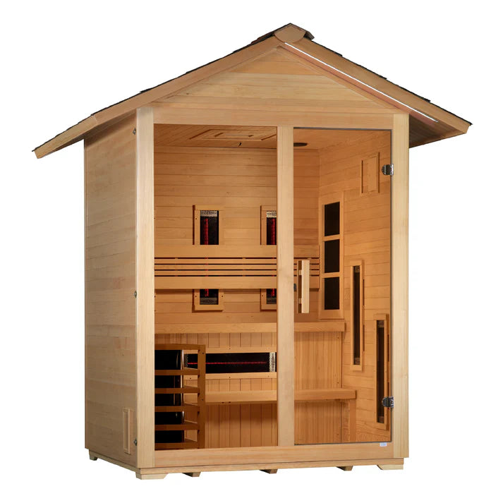 Golden Designs Carinthia | 3-Person Outdoor Hybrid Sauna | Full Spectrum IR & Traditional Stove | Canadian Hemlock (GDI-8123-01)