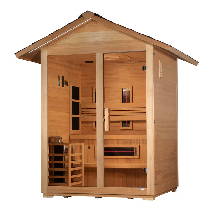 Golden Designs Carinthia | 3-Person Outdoor Hybrid Sauna | Full Spectrum IR & Traditional Stove | Canadian Hemlock (GDI-8123-01)