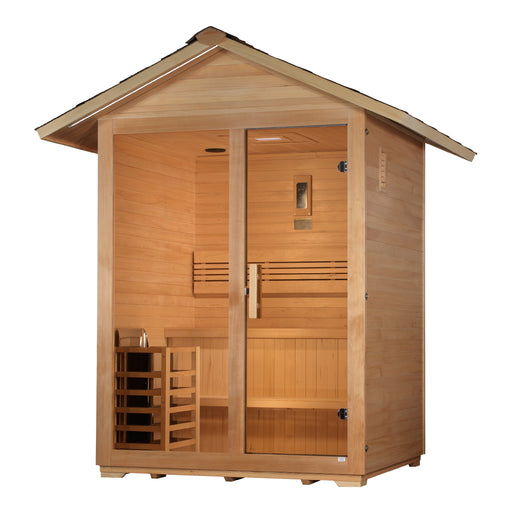 Wooden sauna with a roof on a white background