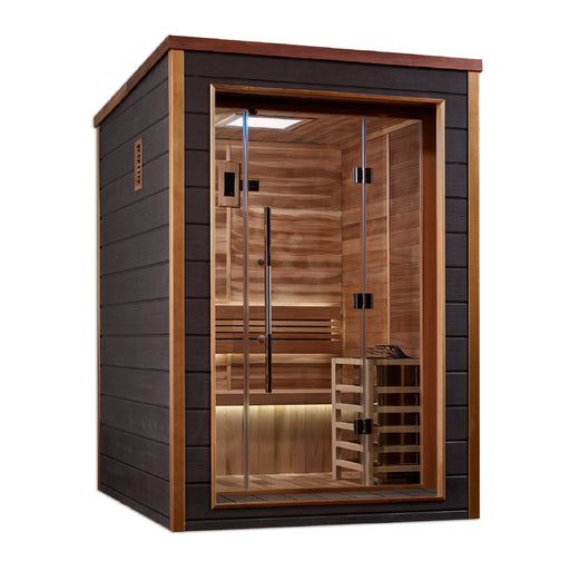 Wooden sauna with glass door on a white background