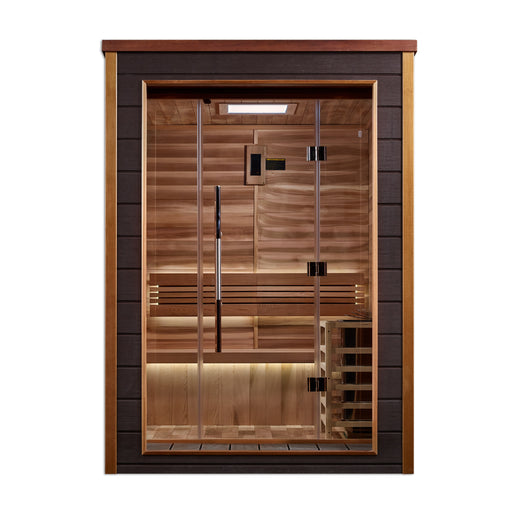 Wooden sauna with glass door on a white background