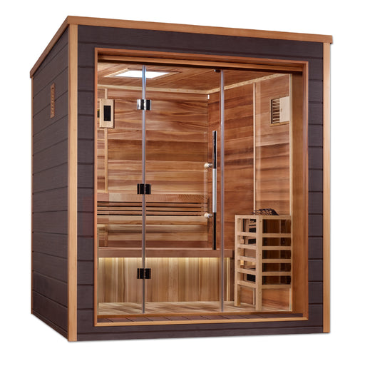 Wooden sauna with glass door on a white background